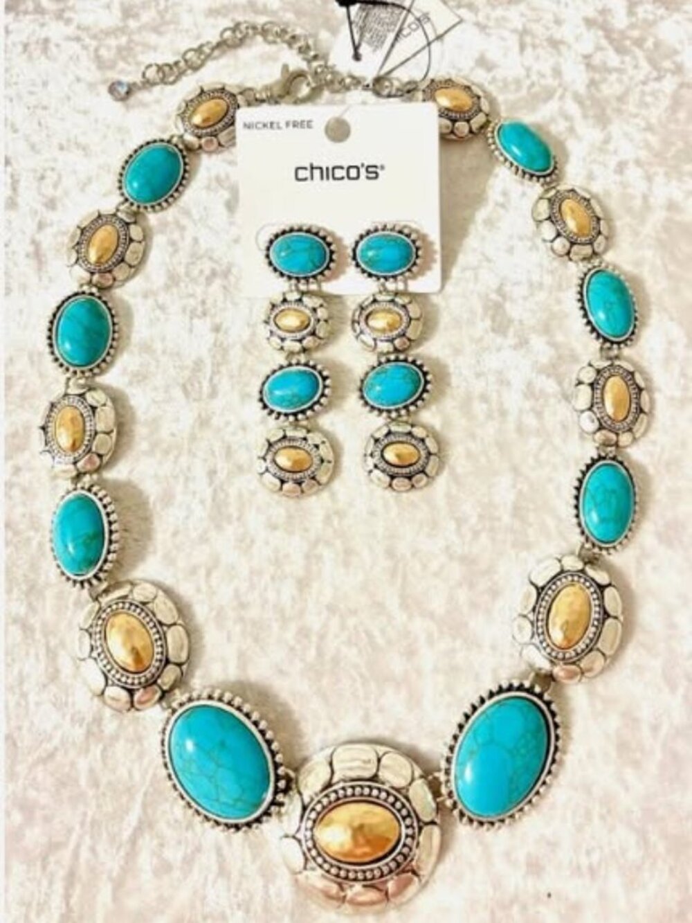 NWT CHICO'S Turquoise Mixed Metal Collar Necklace and earrings
